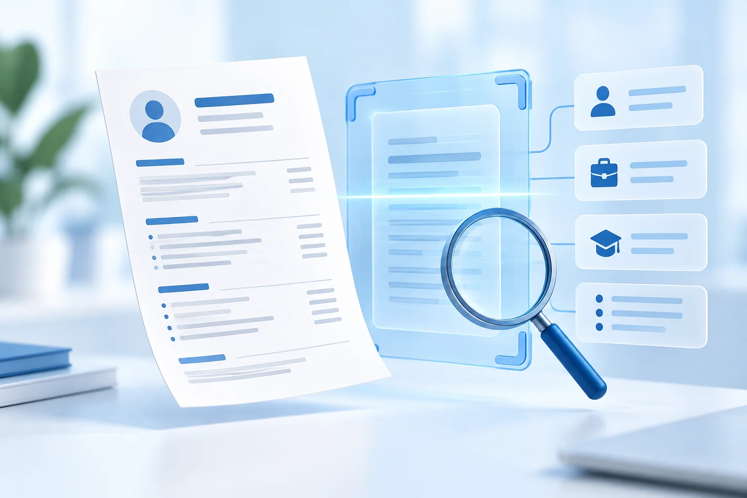 A resume passing through a blue document scanner beside a magnifying glass and organized information cards