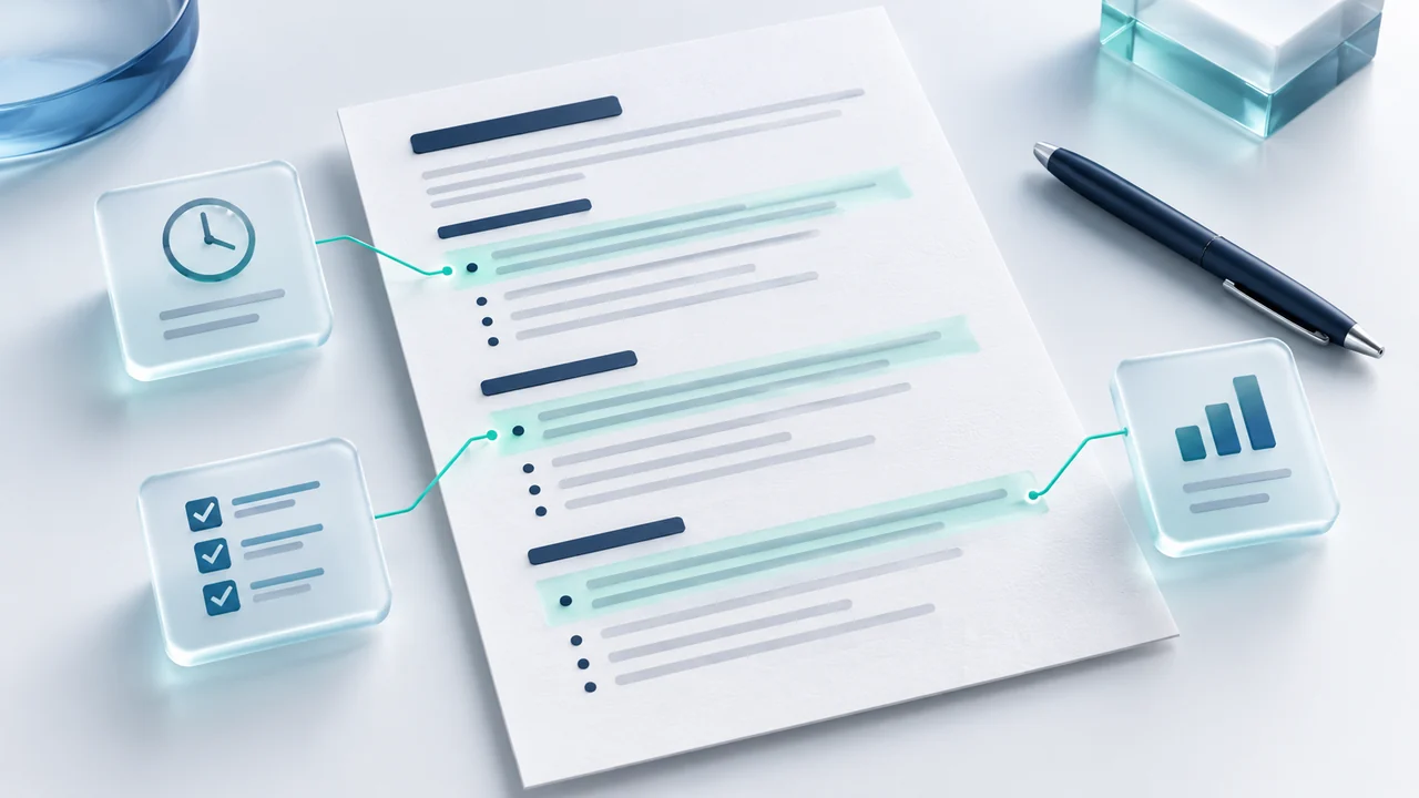 A resume with highlighted achievement bullets connected to glass cards showing a clock, checklist, and results chart.