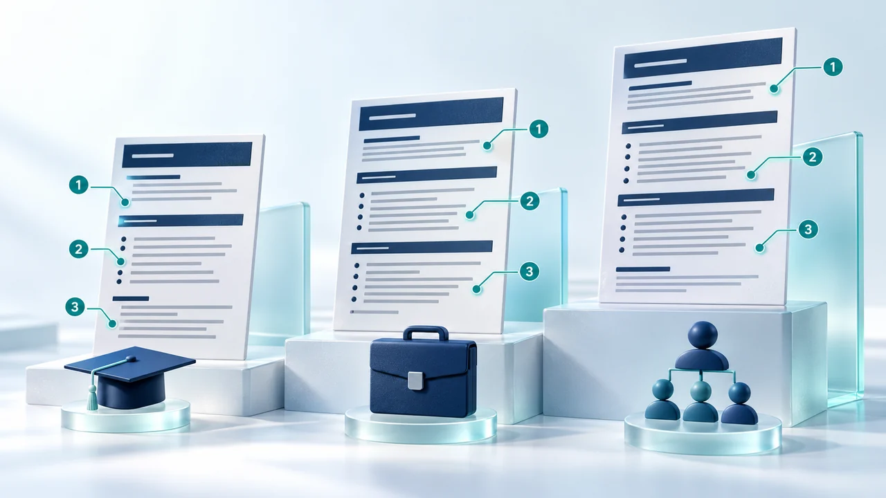 Three resume documents on ascending platforms, with teal annotation markers and symbols for graduate, professional, and executive experience.