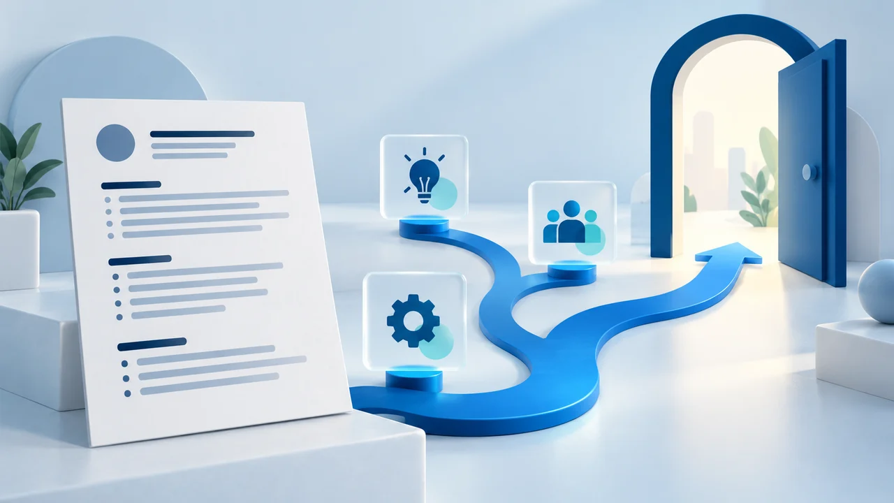 A resume beside a branching blue path connecting skill cards to an open doorway, representing a career transition.