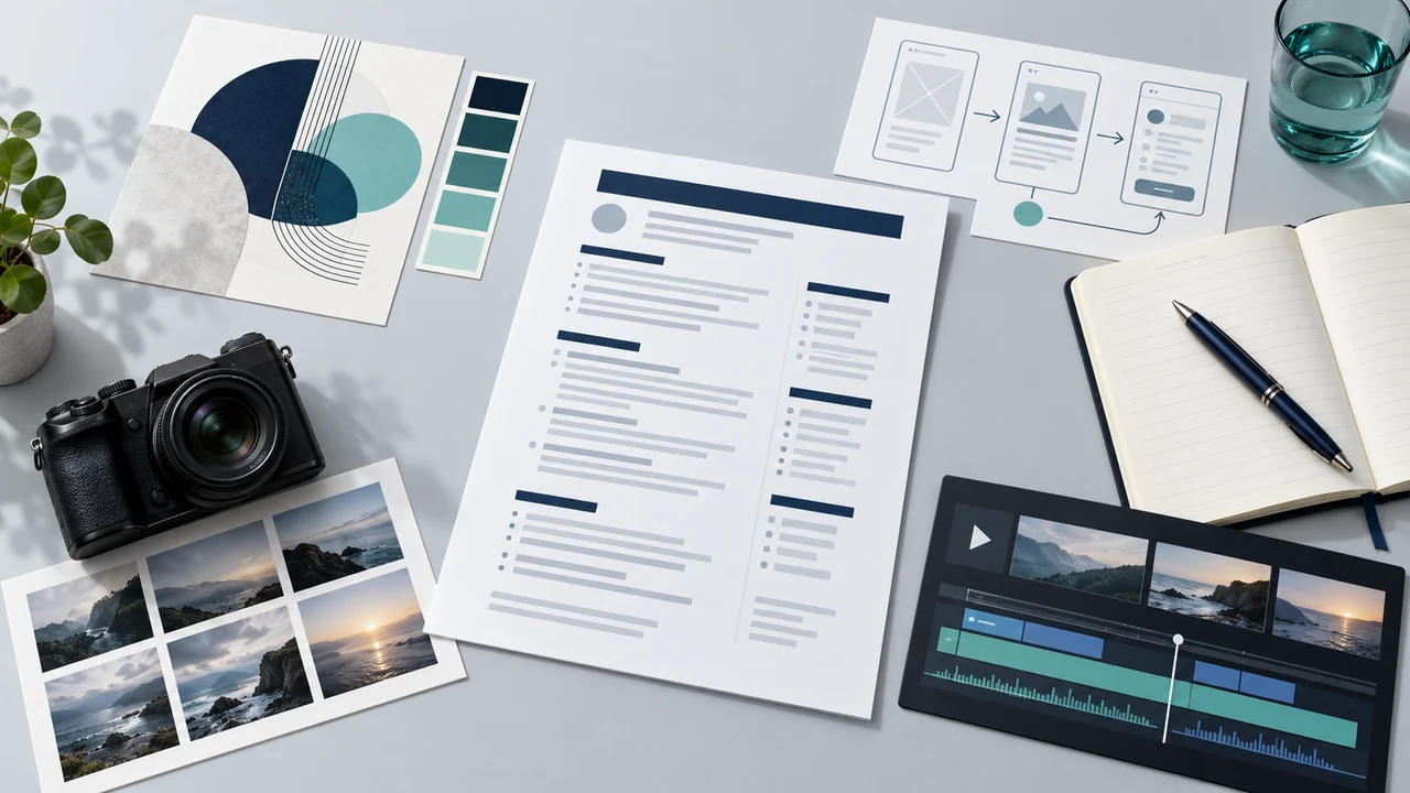 A resume surrounded by graphic design work, UX wireframes, a notebook, a camera with photographs, and a video timeline.