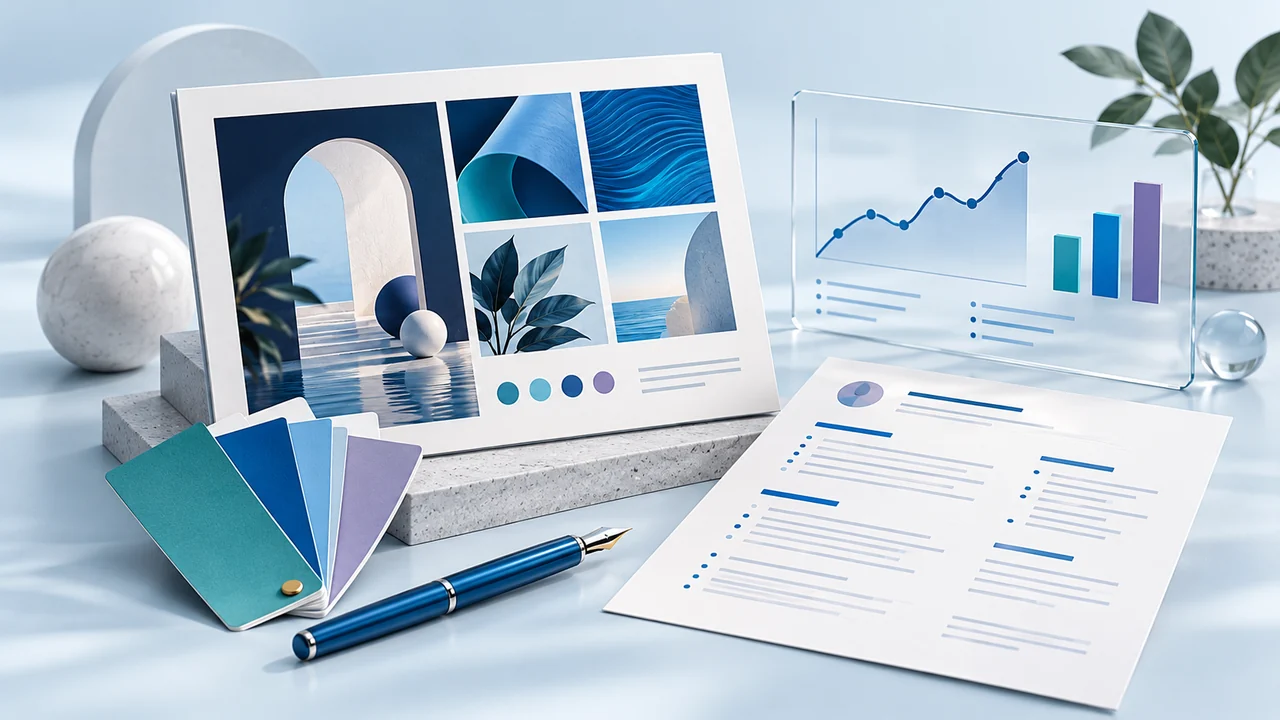 A creative portfolio board, color swatches, and pen beside an analytics panel and resume.