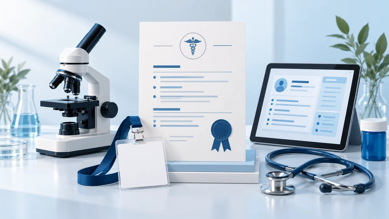 A professional credential and badge with a microscope, stethoscope, and electronic health record tablet.