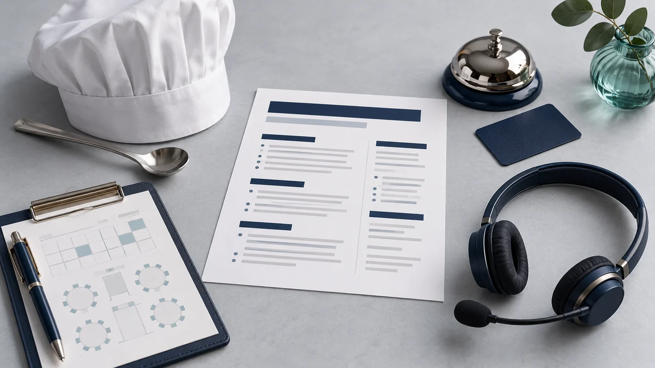 A resume surrounded by a chef’s toque and spoon, a hotel bell and key card, an event planner, and a customer service headset.