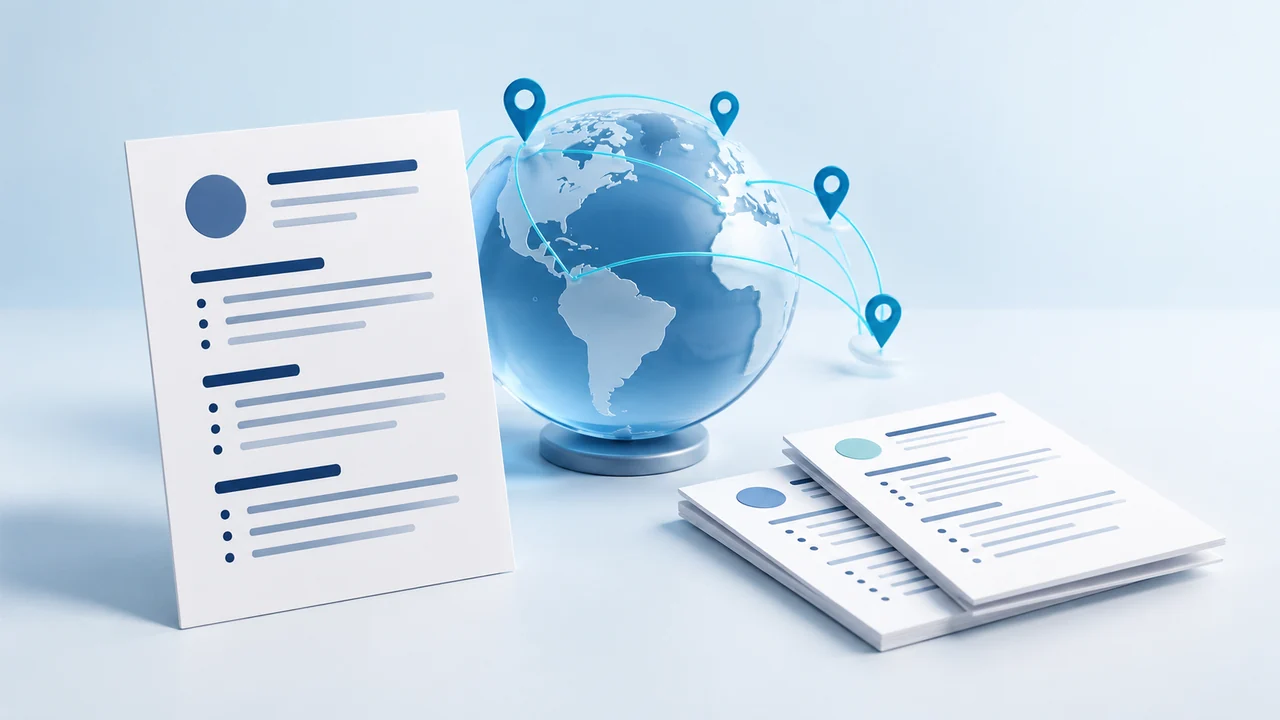 A resume and localized document versions beside a blue globe, destination pins, and teal travel paths.