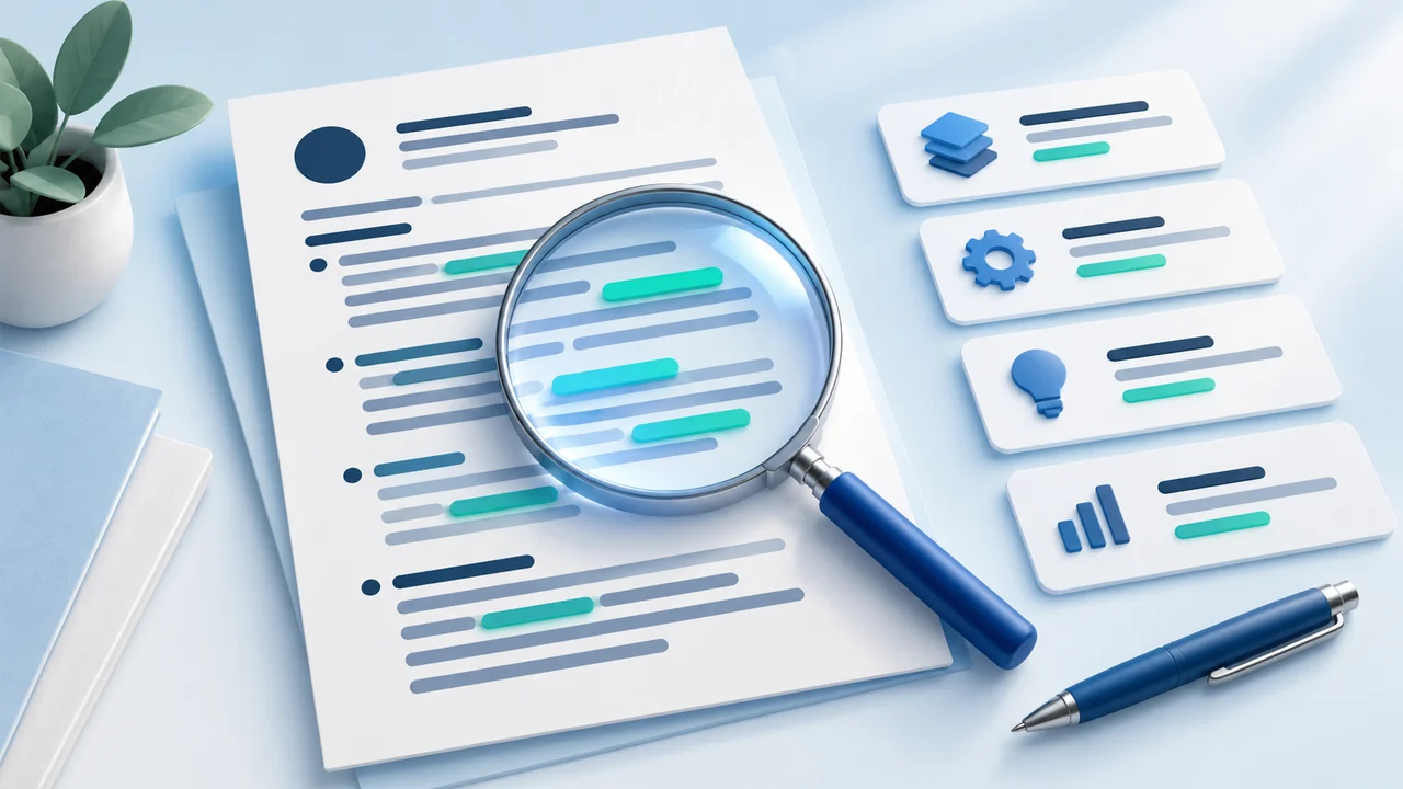A resume with highlighted skill phrases beside a blue magnifying glass, organized skill cards, and a pen.