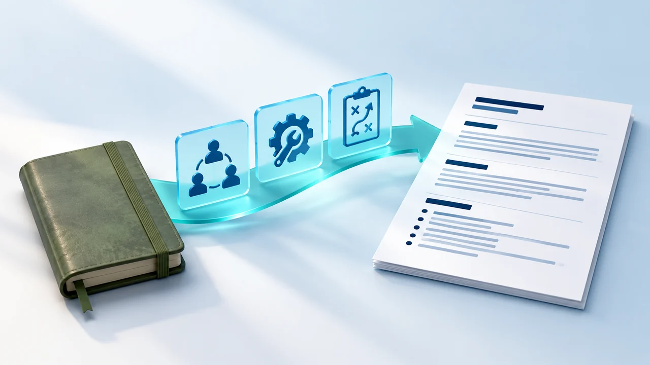 A resume and military-green field notebook connected by a teal bridge beside skill cards for coordination, maintenance, and planning.