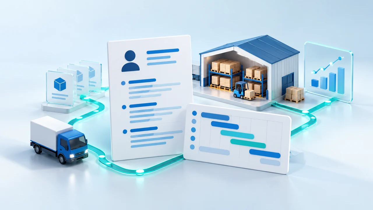 A resume and project schedule beside a warehouse model, delivery truck, inventory cards, and analytics panel.