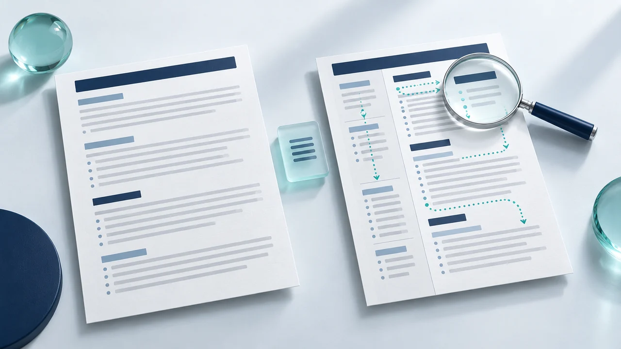 Single-column and two-column resume documents with a magnifying glass and teal reading-path lines.