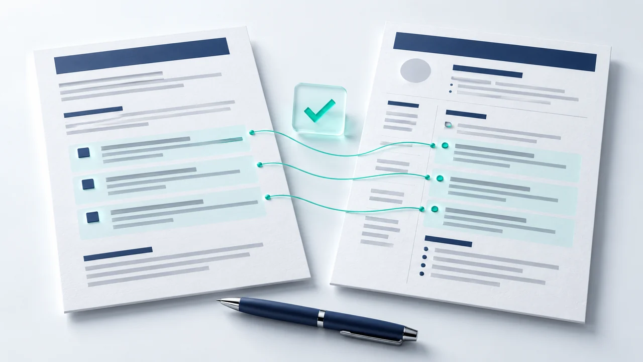 Job requirements and resume bullet points on two documents linked by teal lines and a glass checkmark card.