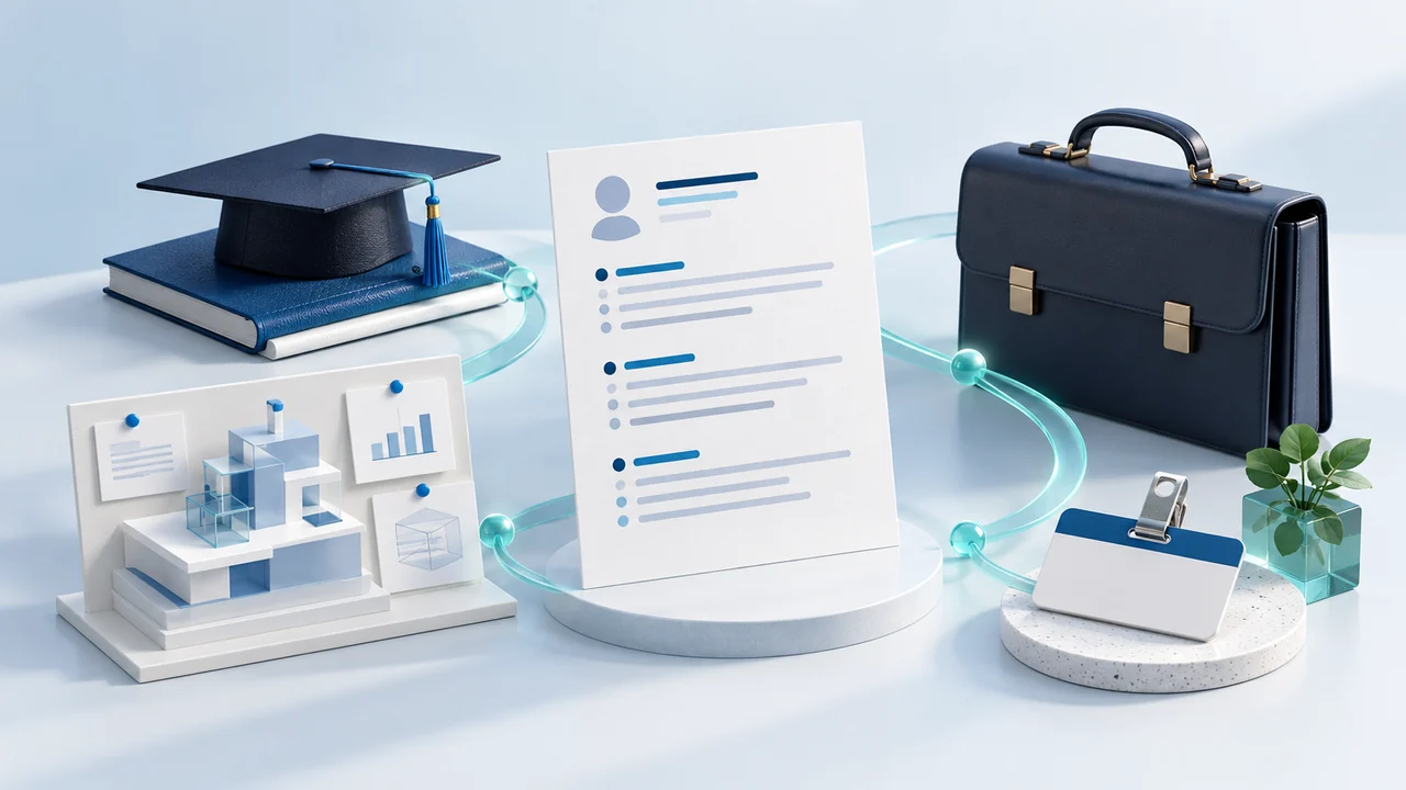 A graduation cap, project board, and work badge connected to a resume and professional briefcase.