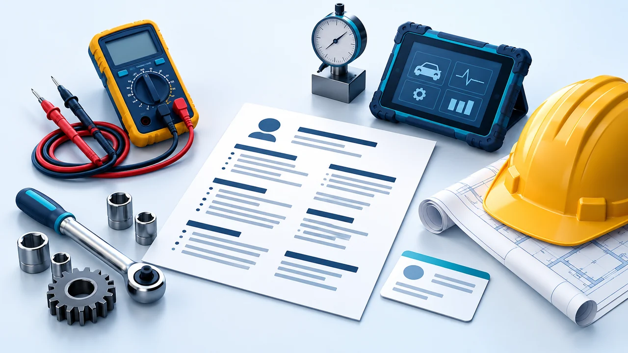 A resume and credential card beside a multimeter, socket tools, a diagnostic tablet, a precision gauge, and a hard hat on construction drawings.